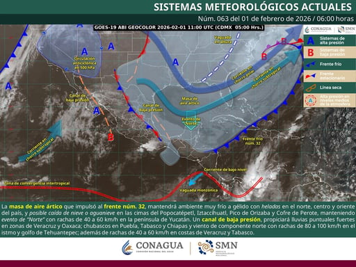 La masa de aire ártico asociada al frente frío 32 mantiene temperaturas gélidas, fuertes vientos, lluvias intensas y posible caída de nieve en varias regiones