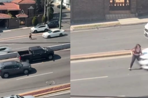 Un video difundido en redes sociales muestra el momento en que una mujer corre hacia los carriles centrales y es atropellada en Paseo de los Leones, Monterrey.