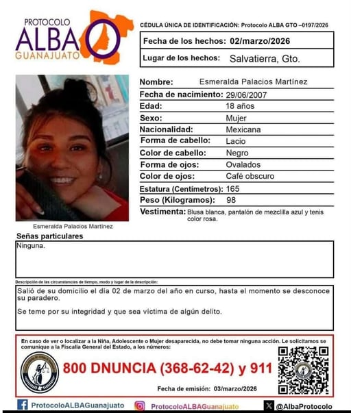 Familiares de Esmeralda Palacios Martínez solicitaron apoyo para difundir su ficha de búsqueda, luego de que se reportara su desaparición en el estado