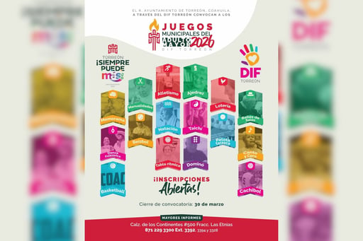La convocatoria contempla la participación en diversas disciplinas deportivas, recreativas y artísticas.   Torreón, Coahuila. A 13 de marzo de 2026.-