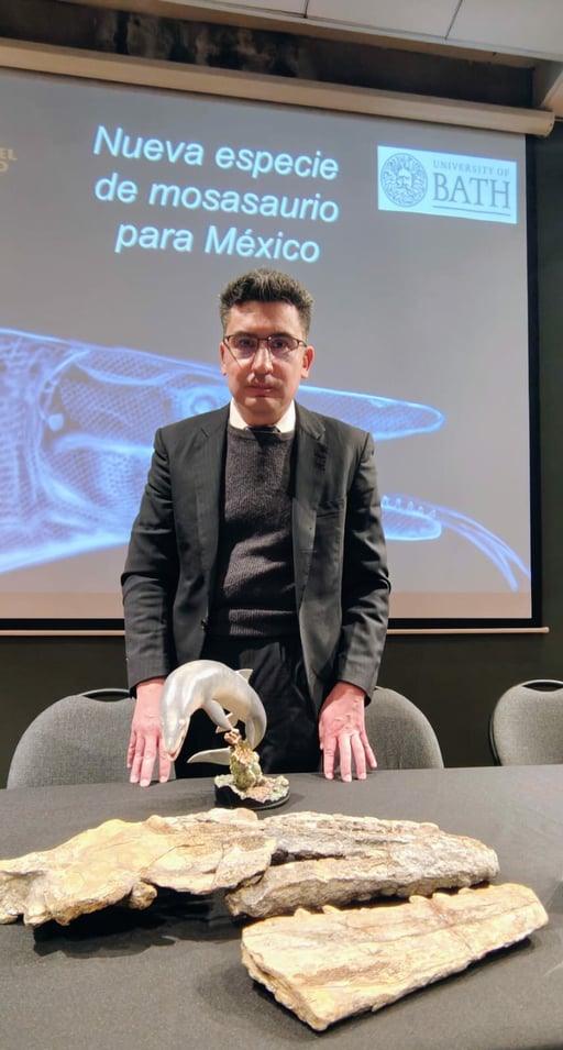 Saltillo, Coahuila, 17 de marzo de 2026.- Investigadores del Museo del Desierto (MUDE) e Inglaterra identificaron un ejemplar inédito de mosasaurio o reptil