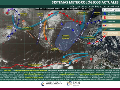 El Servicio Meteorológico Nacional pronostica lluvias fuertes, viento intenso y granizo en diversas regiones de México por la interacción de sistemas