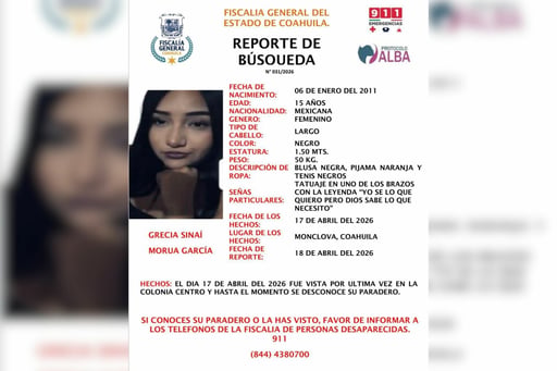 Autoridades solicitan apoyo ciudadano para localizar a joven vista por última vez recientemente.  La Fiscalía de Personas Desaparecidas del Estado de Coahuila