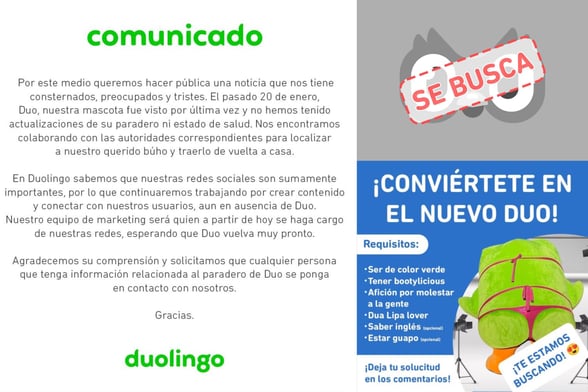 DESAPARICIÓN  8 días sin Duo: ¿Dónde está el querido búho de Duolingo?  La comunidad de Duolingo está en shock tras la inesperada desaparición de Duo, el famoso búho verde