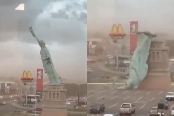DERRUMBE  Un fuerte vendaval derribó una réplica de la Estatua de la Libertad de 35 metros en Brasil.   Un fuerte vendaval con ráfagas de hasta 80 km/h azotó este lunes