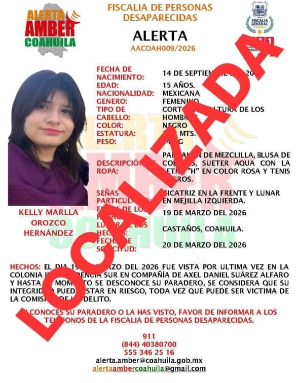 LOCALIZADOS Luego de varios días de intensa búsqueda, la adolescente Kelly Marlla Orozco Hernández, de 15 años, fue localizada en Saltillo, cerrando así el caso