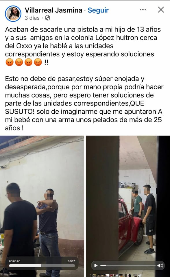 SEGURIDAD Una denuncia ciudadana realizada por Jasmina Villarreal reportó que su hijo de 13 años habría sido intimidado por sujetos armados en la colonia López Huitrón,