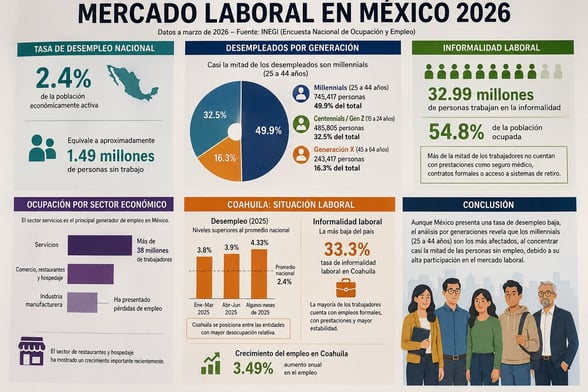 DESEMPLEO  El desempleo en México es de 2.4% (1.49 millones de personas sin trabajo), pero casi la mitad de los desempleados son millennials, que son personas