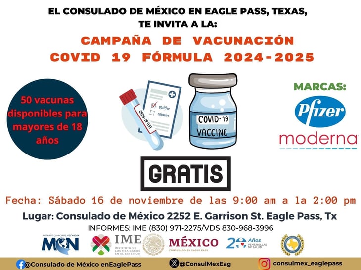 Consulado de México en Eagle Pass tendrá campaña de vacunación 