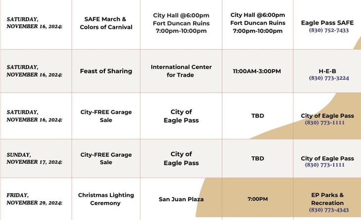 Ciudad de Eagle Pass anuncia eventos que tendrá durante noviembre 