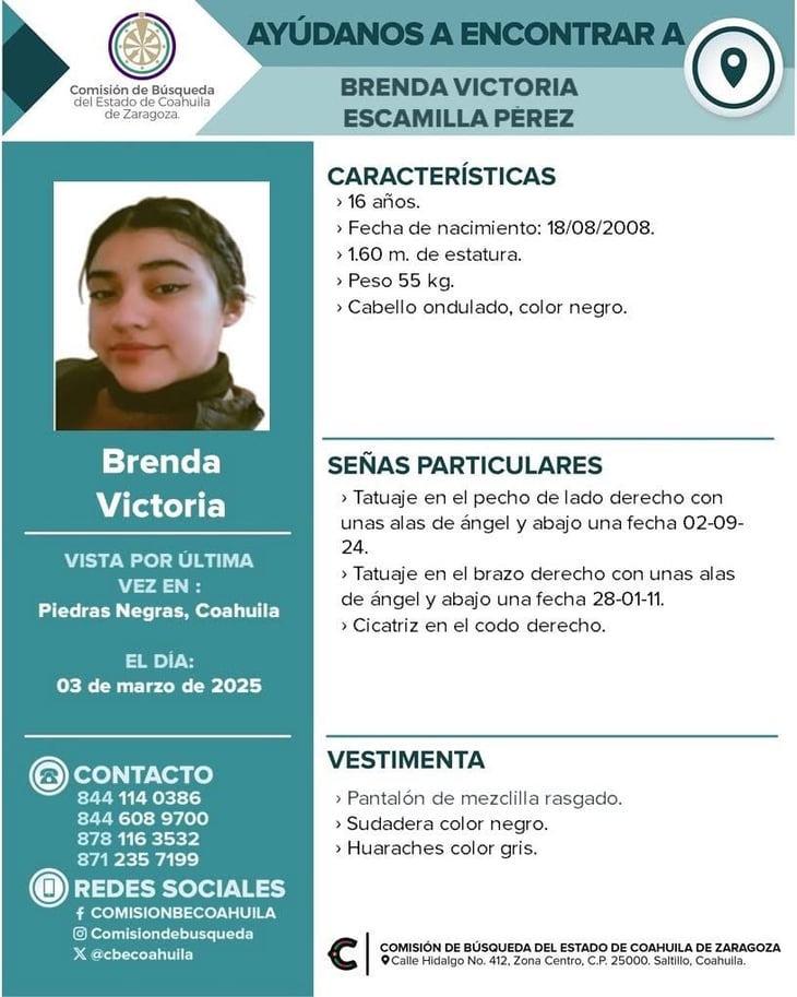 Buscan a Brenda Victoria Escamilla Pérez en Piedras Negras