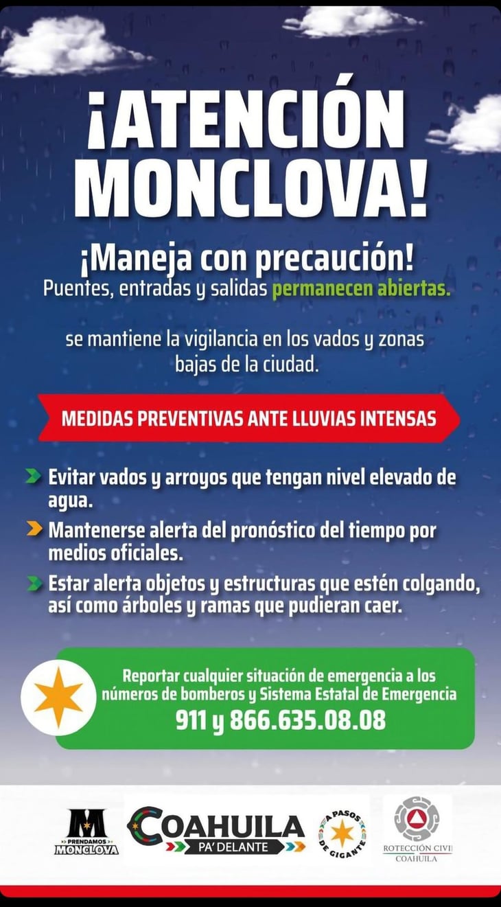 Monclova en alerta por lluvias y granizo: autoridades piden precaución