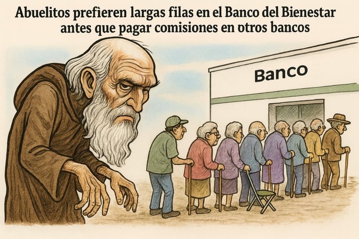 Caricatura editorial - El precio del tiempo: filas largas, pensiones cortas