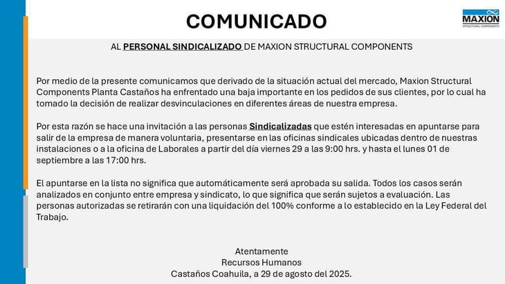 Trabajadores optan por retiro voluntario por ofrecimiento de Maxion ante baja producción