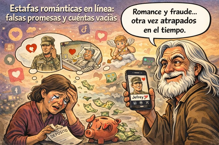 Caricatura editorial - Crecen las estafas románticas en redes sociales