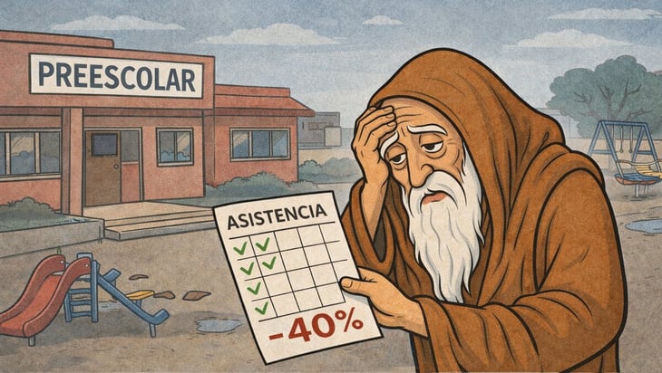 Caricatura editurial - Cronos observa cómo la infancia pierde sus primeros años de escuela”