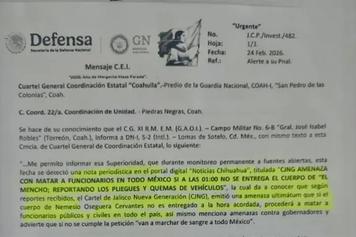 Filtran documento de presuntas amenazas tras muerte de “El Mencho”