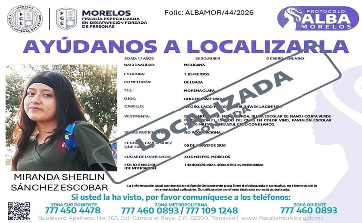 Encuentran con vida a Miranda Sherlin, estudiante desaparecida en Morelos