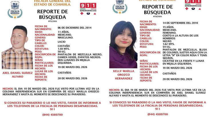 Activan búsqueda urgente de dos menores desaparecidos en Castaños