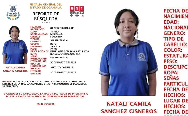 Salió de clases y no volvió: buscan a menor en Saltillo, Coahuila