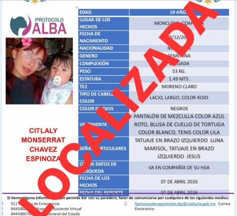 Localizan a joven y a su hija en Monclova; andaba con el papá de la niña y descartan delito