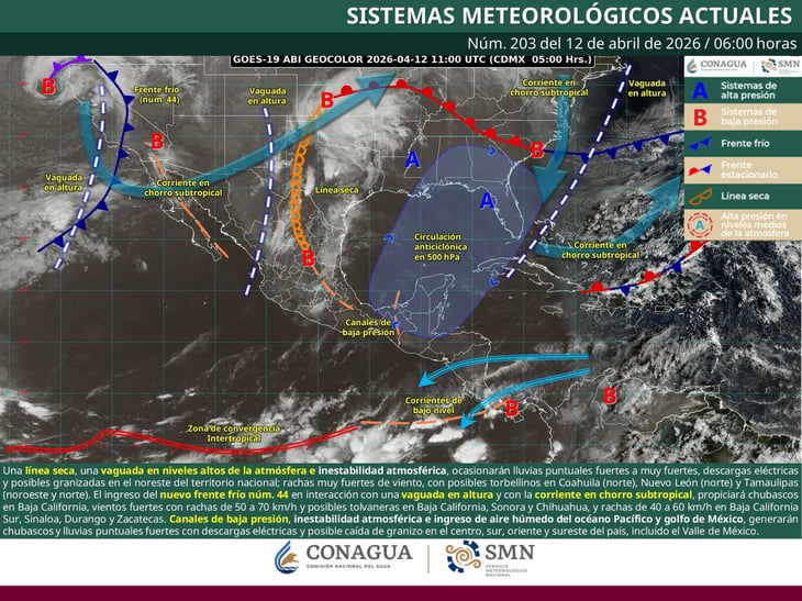 Frente frío 44 y línea seca provocan tormentas y granizo