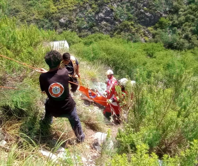 Tráiler cae de puente; socorristas tratan de ayudar al conductor.