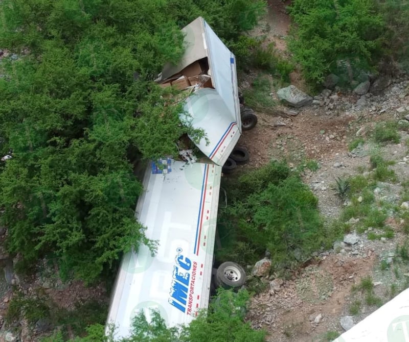 Tráiler cae de puente; socorristas tratan de ayudar al conductor.