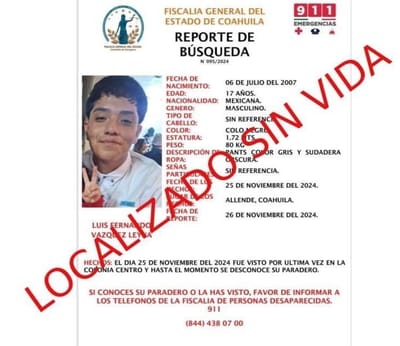 Localizan sin vida a joven desaparecido en Allende, Coahuila