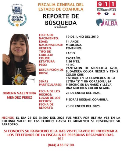 Reportan desaparición de adolescente en Piedras Negras
