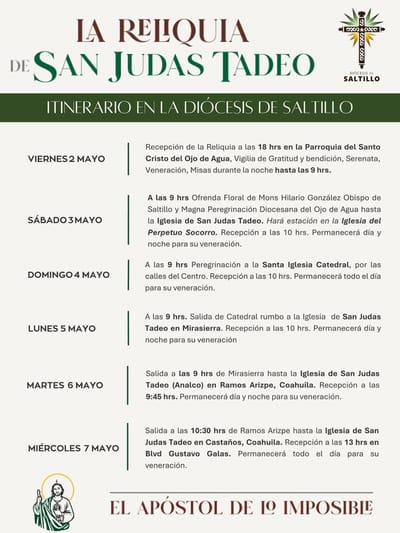 Reliquia de San Judas Tadeo recorrerá Coahuila en mayo