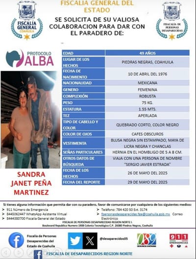Buscan a mujer desaparecida en Piedras Negras; viaja con un hombre