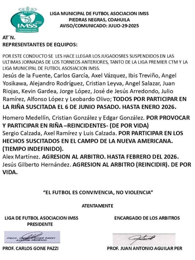 Liga Municipal de Futbol IMSS suspende a más de 20 jugadores por riñas y agresiones