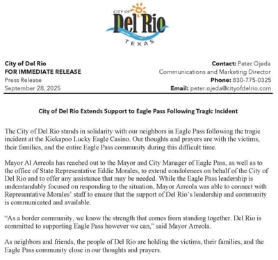 Del Río, Texas lamenta los hechos en casino de Eagle Pass y expresa solidaridad con la frontera