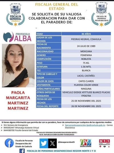Localizan en Saltillo a mujer reportada como desaparecida en Piedras Negras; autoridades analizan si salió por voluntad propia