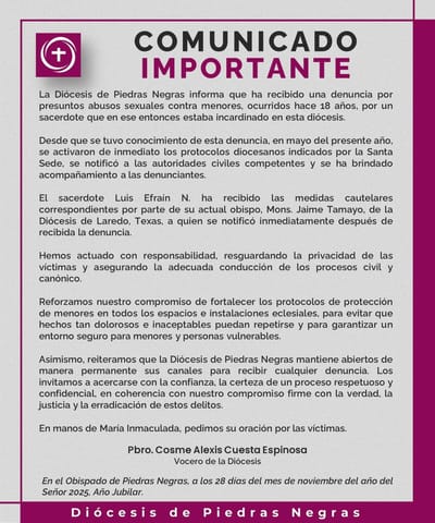 Diócesis de PN activa protocolos ante denuncia de abuso sexual
