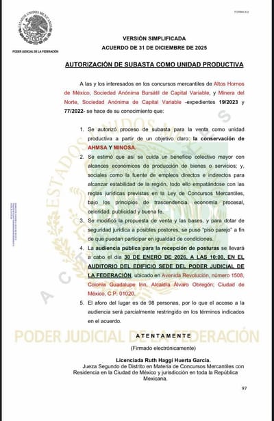 Poder Judicial autoriza subasta de AHMSA como unidad productiva y descarta liquidación