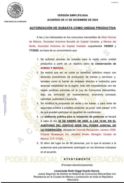 Autorizan venta de AHMSA mediante subasta