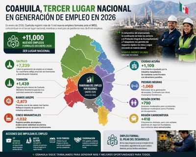 Coahuila logra tercer lugar en empleo formal pese a retos industriales