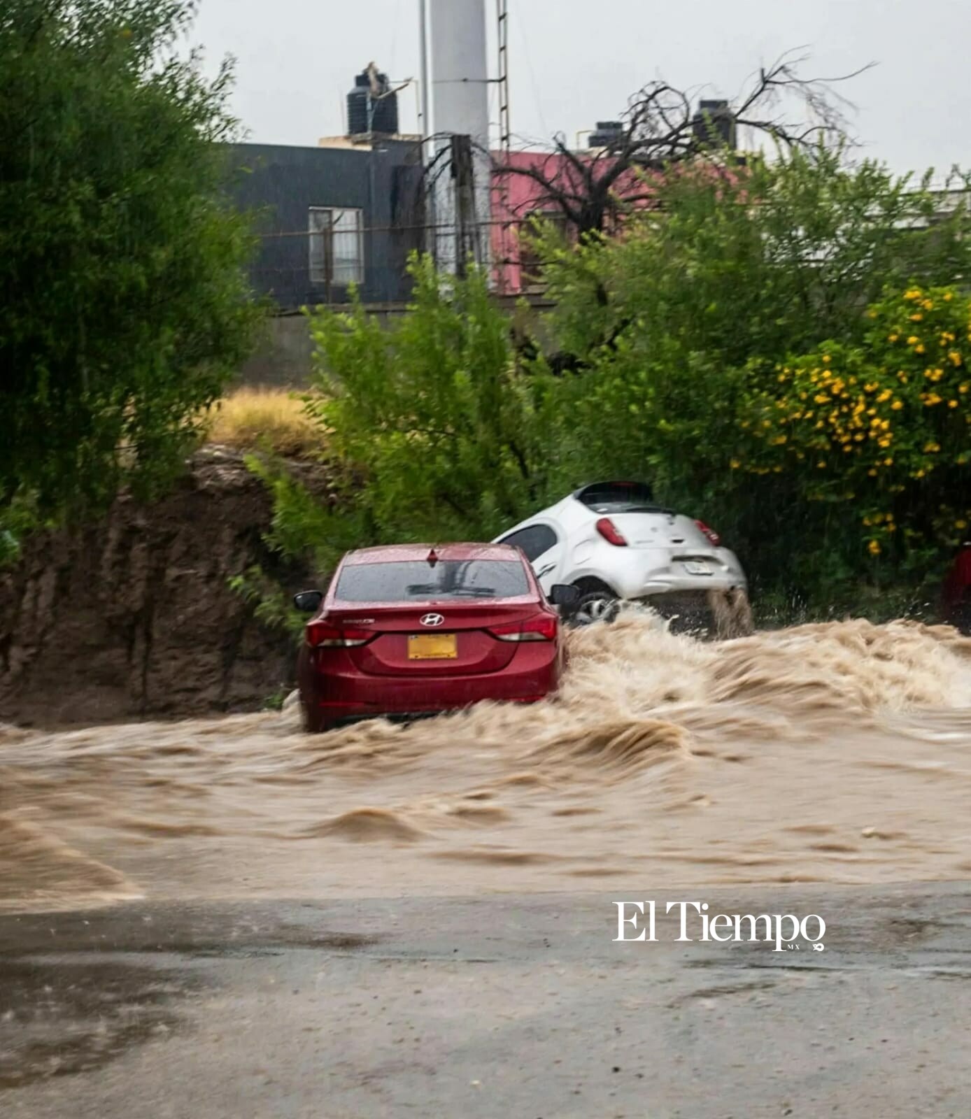 Corriente de arroyo arrastra tres vehículos frente a Tecnotrim tras fuerte tromba en Monclova