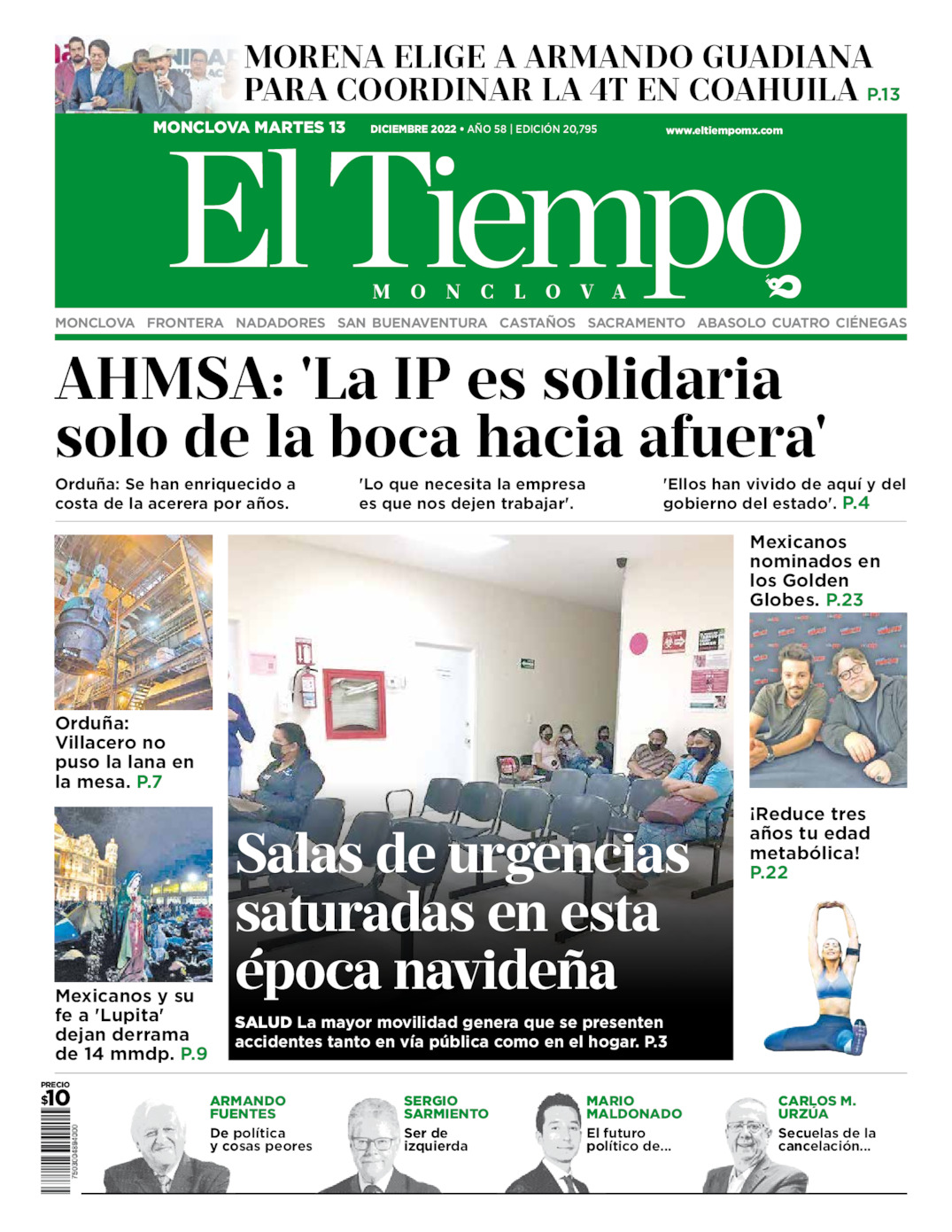 Archivo, periódico El Tiempo de Monclova. martes 13 de diciembre de 2022