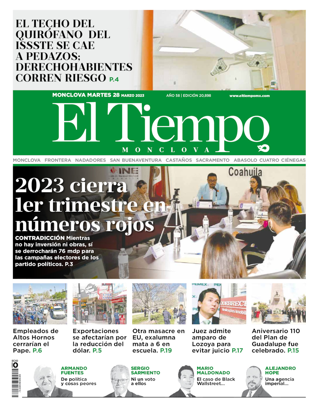 Portada del martes 28 de marzo de 2023, periódico El Tiempo de Monclova