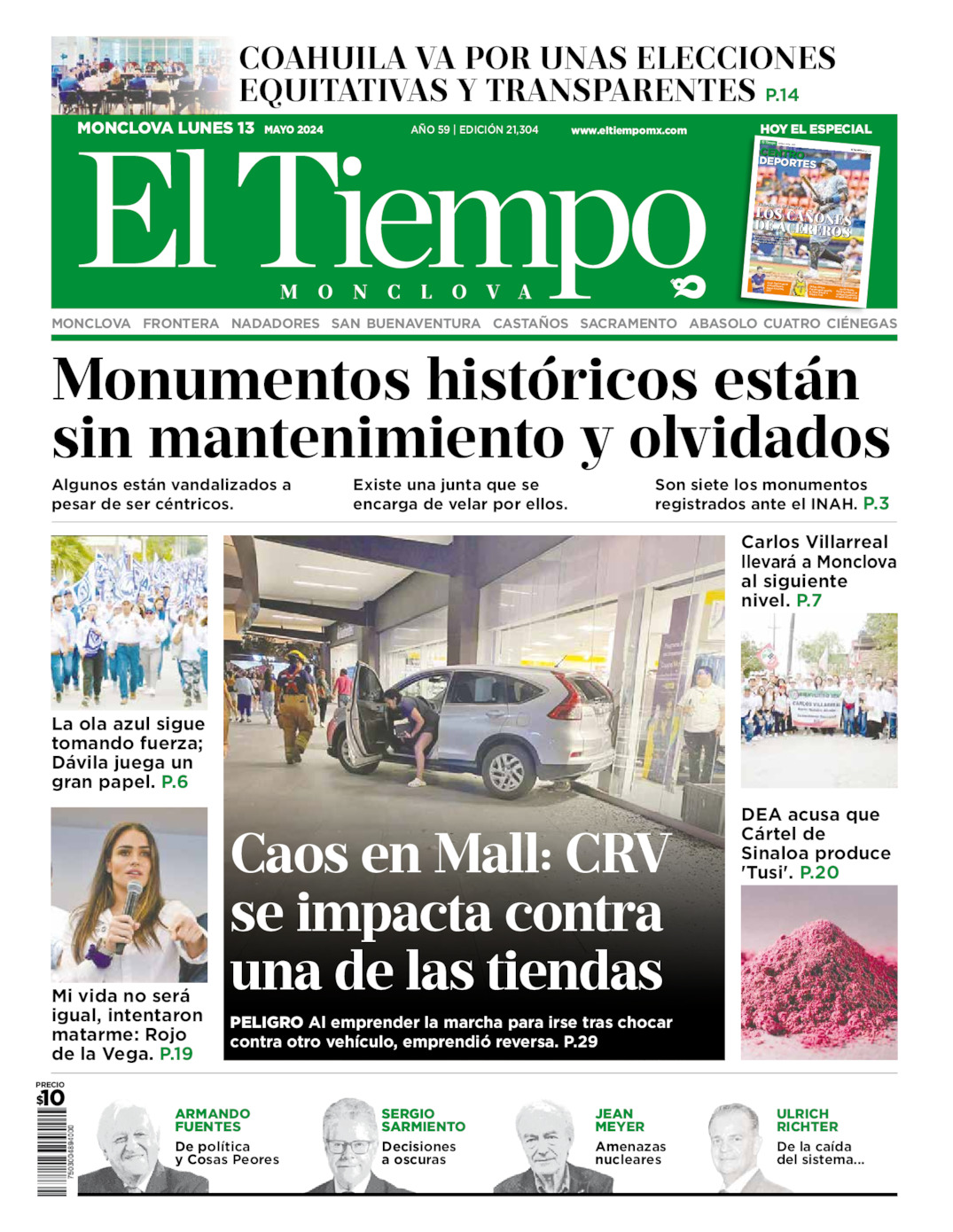 Portada del lunes 13 de mayo de 2024, periódico El Tiempo de Monclova