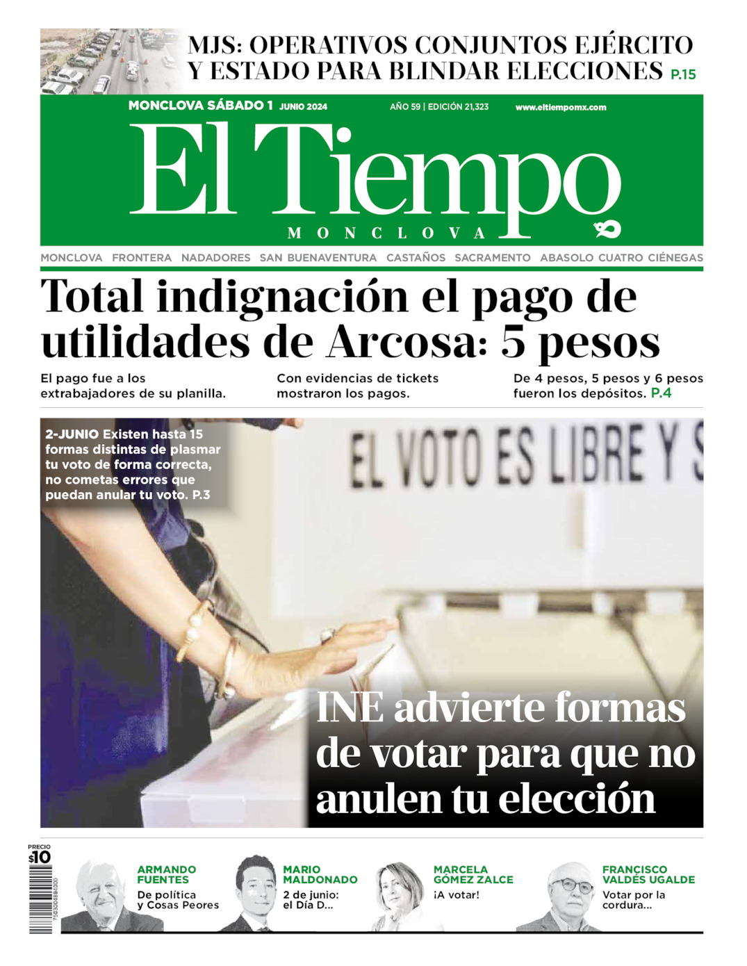 Portada del sábado 01 de junio de 2024, periódico El Tiempo de Monclova