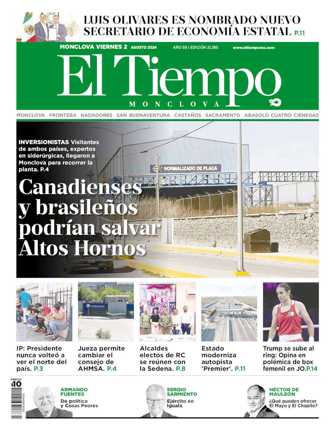 Portada del viernes 02 de agosto de 2024, periódico El Tiempo de Monclova