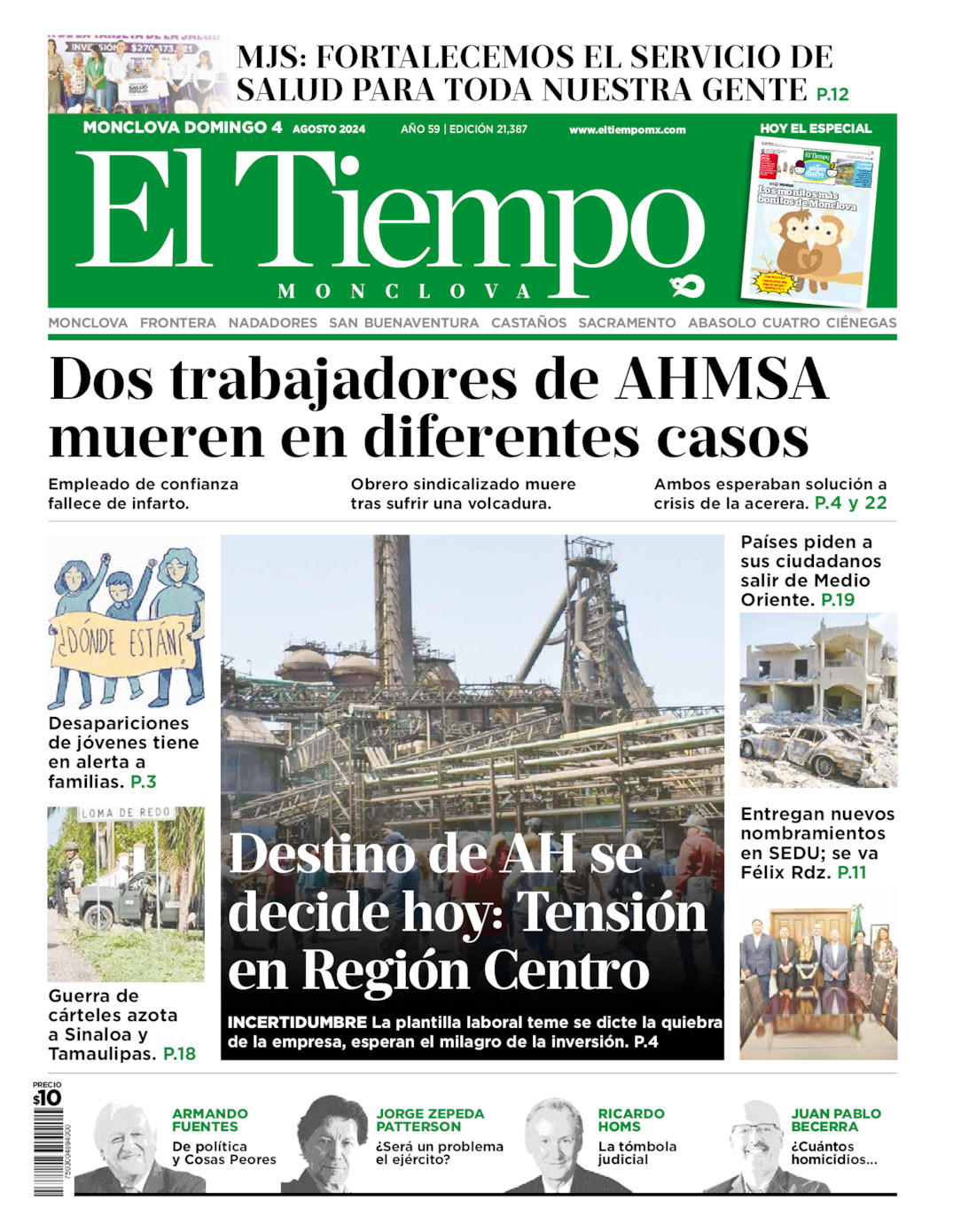 Portada del domingo 04 de agosto de 2024, periódico El Tiempo de Monclova