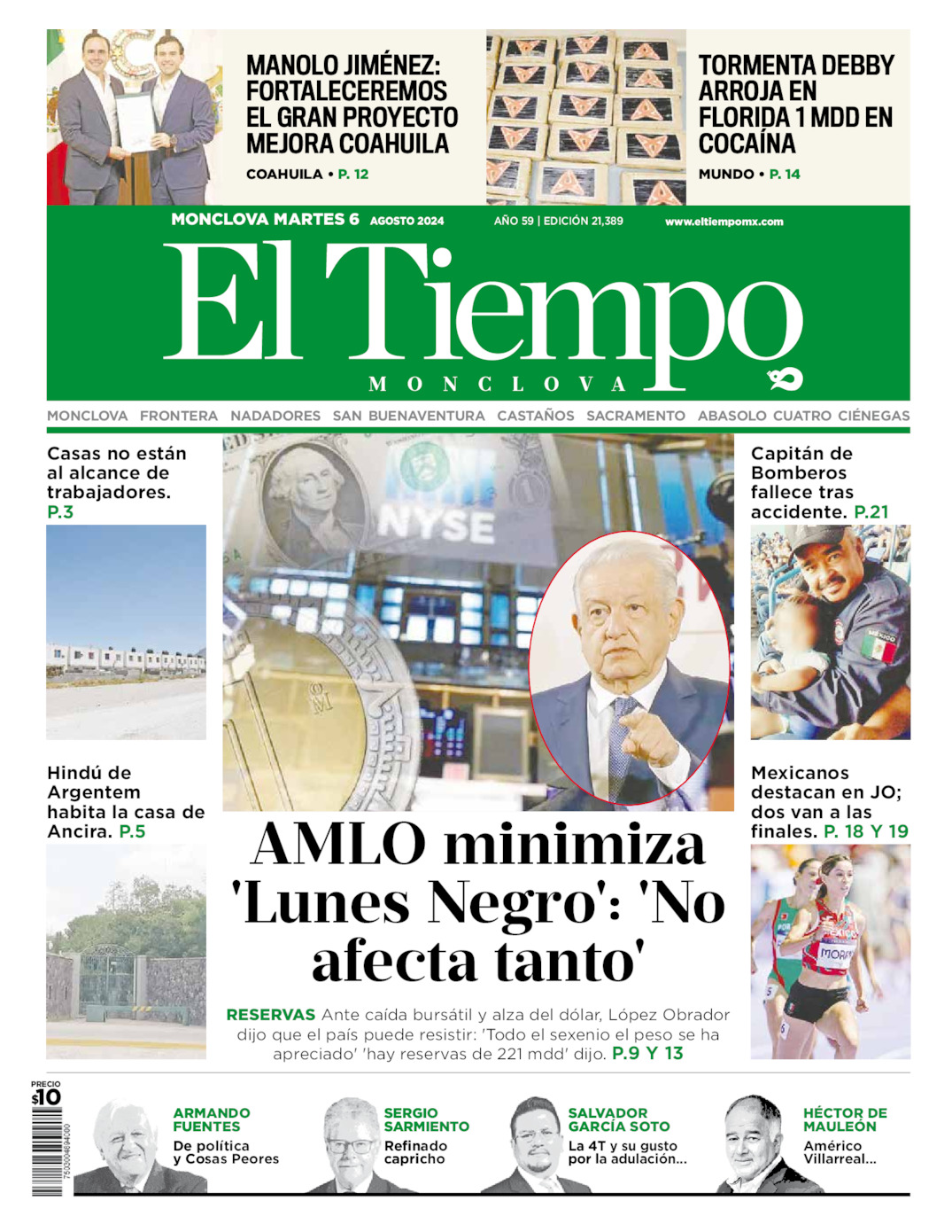 Portada del martes 06 de agosto de 2024, periódico El Tiempo de Monclova