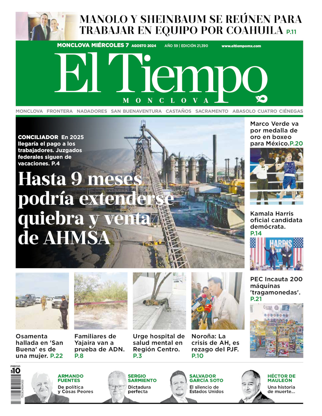 Portada del miércoles 07 de agosto de 2024, periódico El Tiempo de Monclova