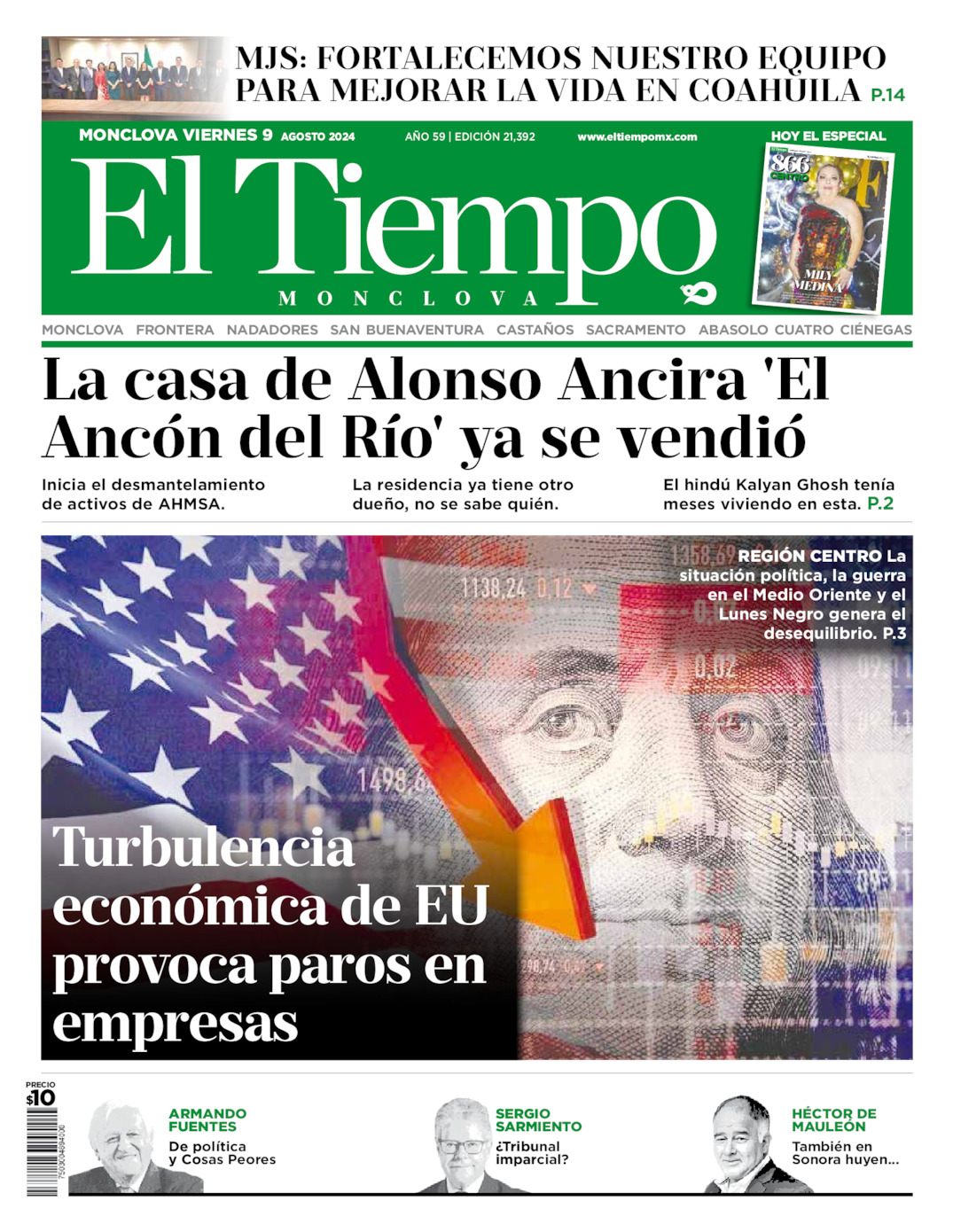 Portada del viernes 09 de agosto de 2024, periódico El Tiempo de Monclova