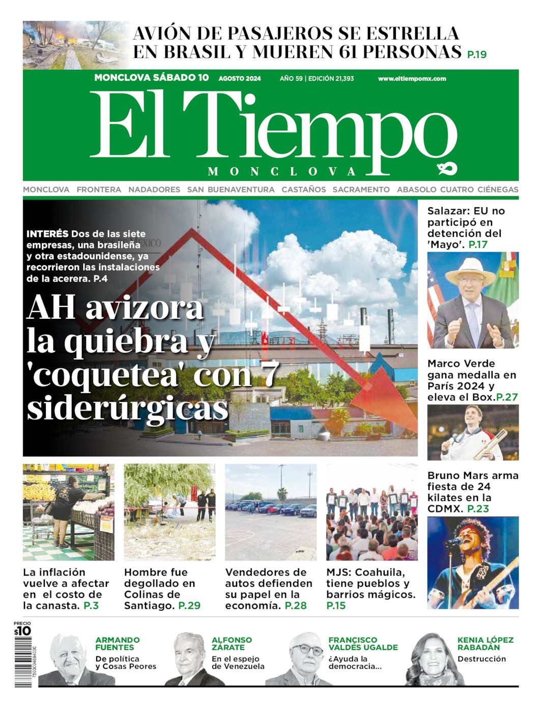 Portada del sábado 10 de agosto de 2024, periódico El Tiempo de Monclova